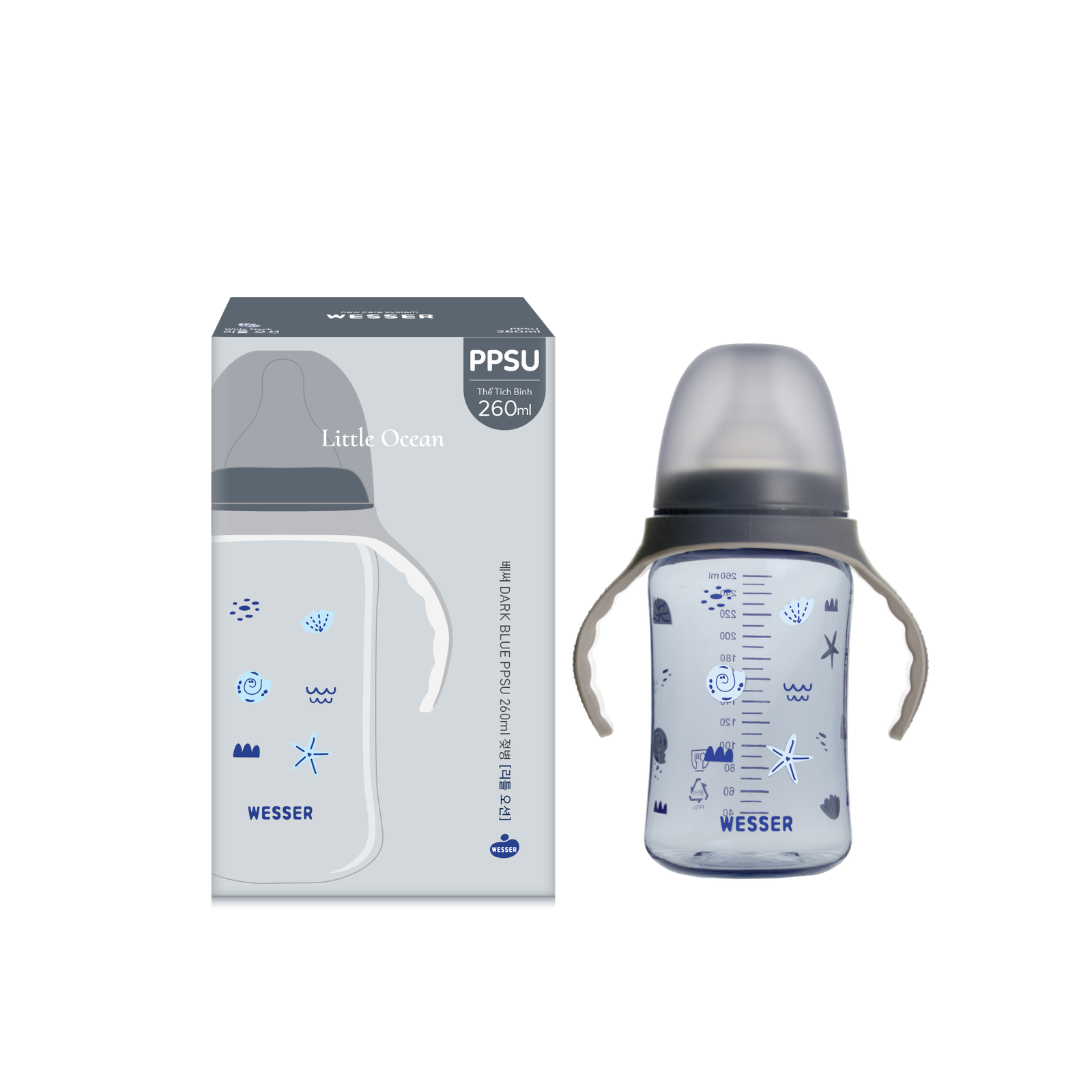 Bình PPSU Cổ Rộng Little Ocean xanh đậm 260ml kèm quai cầm